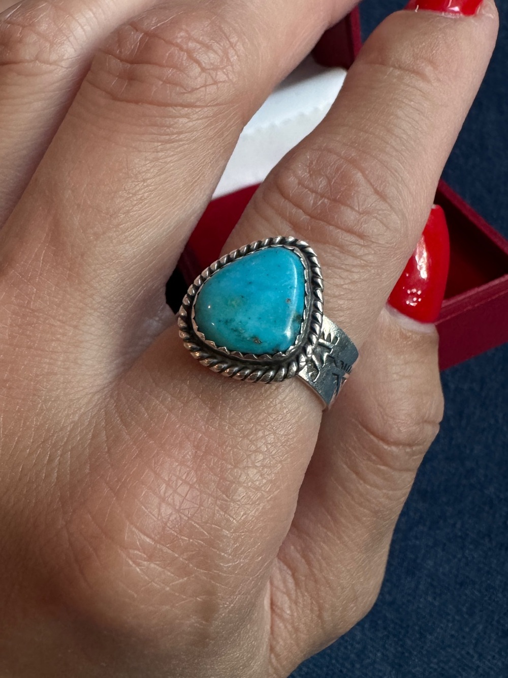 Vintage Bernyse Chavez Sterling Silver Ring Signed Navajo Turquoise Ring Size 6
